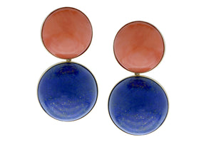 Yellow gold and coral boutons with lapis lazuli pendants