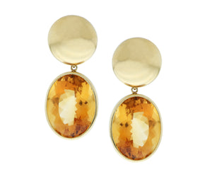 Yellow gold bouton earclips with citrine pendants