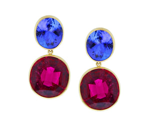Yellow gold earrings with rubellite and tanzanite