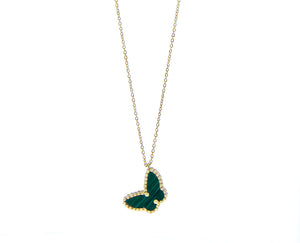 Yellow gold necklace with a small malachite butterfly charm