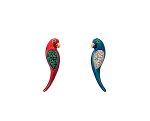 Yellow gold parrot single earrings with diamonds emeralds and enamel