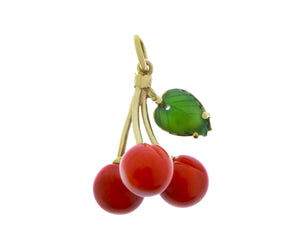 Coral, jade and yellow gold cherry pendant