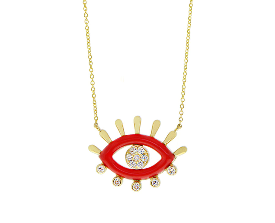 Geelgouden collier met een diamant, rood of turkoois emaille oogbedel