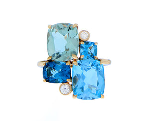 Roségouden ring met diamanten, blauwe topaas en groene kwarts