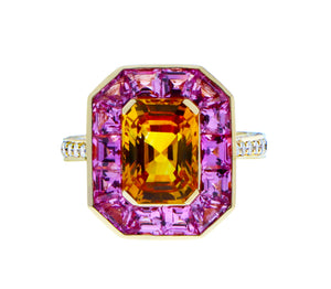 Yellow gold ring with diamonds, yellow sapphire and pink sapphire