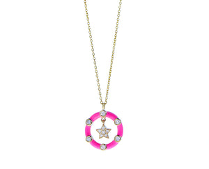 Yellow gold necklace a diamond pink enamel round with star centre charm