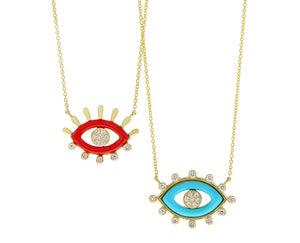 Yellow gold necklace with a diamond, red or turquois enamel eye charm