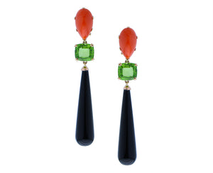 Rose gold earrings with coral, peridots and onyx pendants
