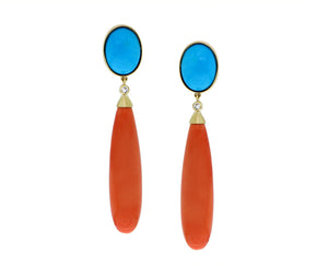 Yellow gold earrings with turquois diamonds and coral pendants