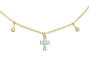 Yellow gold necklace with a diamond cross charm and two diamonds