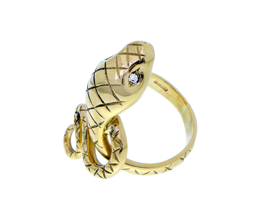Yellow gold snake ring with diamond eyes