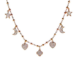 Rose gold necklace with 7 pendants, pave set with diamonds