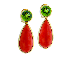Peridot ear rings with coral pendant