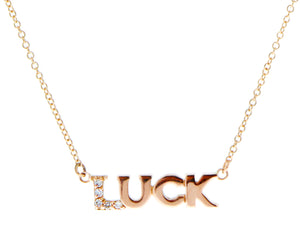Rose gold and diamond necklace with a LUCK pendant