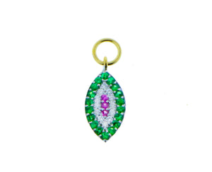 Yellow gold pendant with diamonds, pink sapphires and green garnet