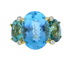 Geelgouden ring met aquamarijn, groene toermalijn en diamanten