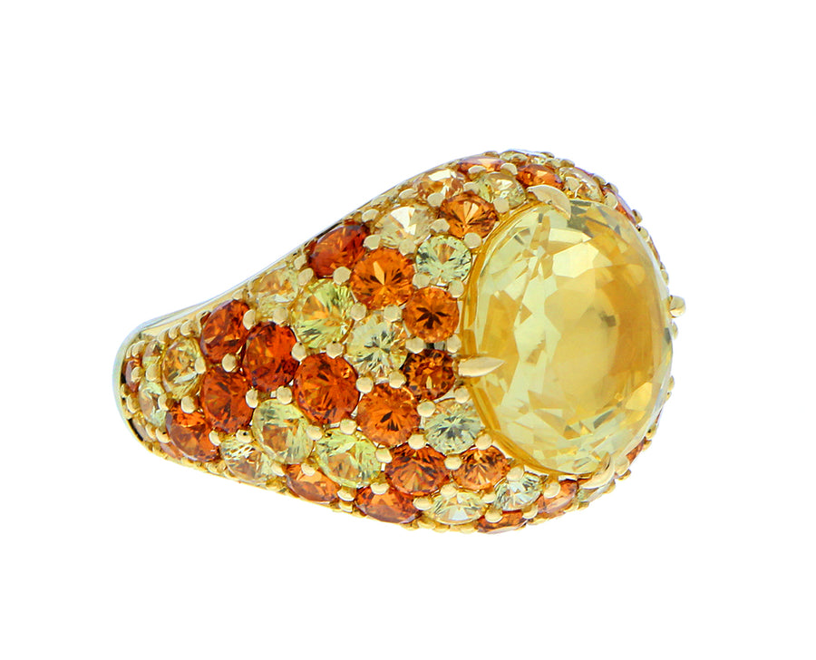 Geelgouden ring met gele saffier en spessartietgranaten