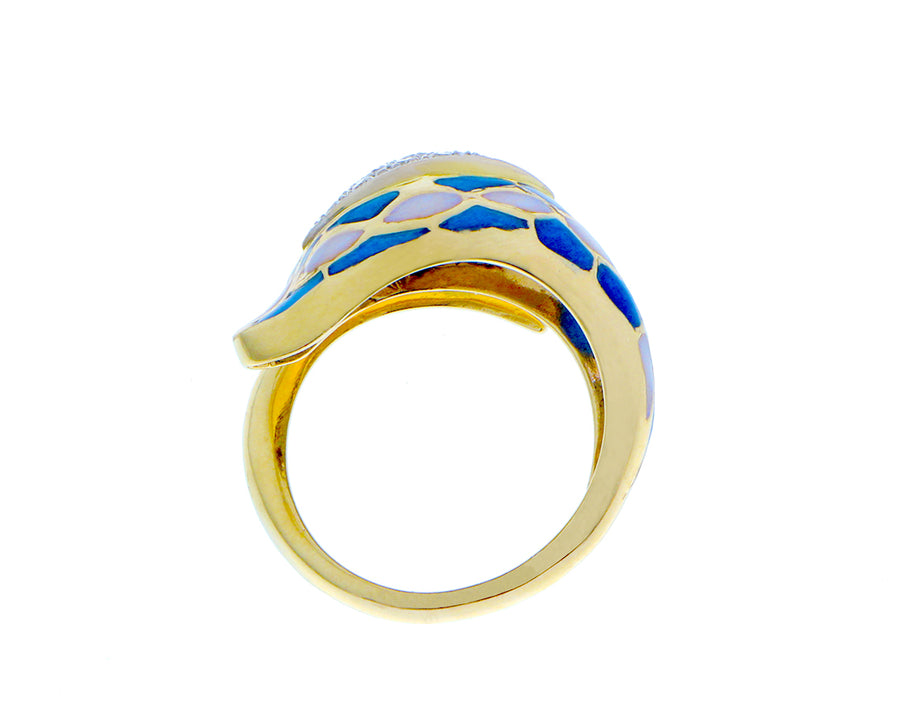 Yellow gold snake ring with diamonds and ennamel