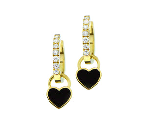 Yellow gold and diamond small hoop earrings with black enamel heart pendants
